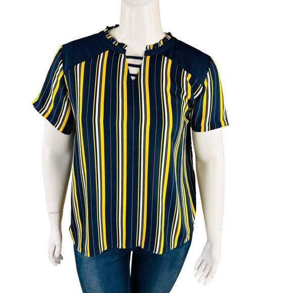Milly by Paperdolls Womans Sz 3L 1X Blouse Blue Yellow Striped Short Sleeve - Picture 1 of 7